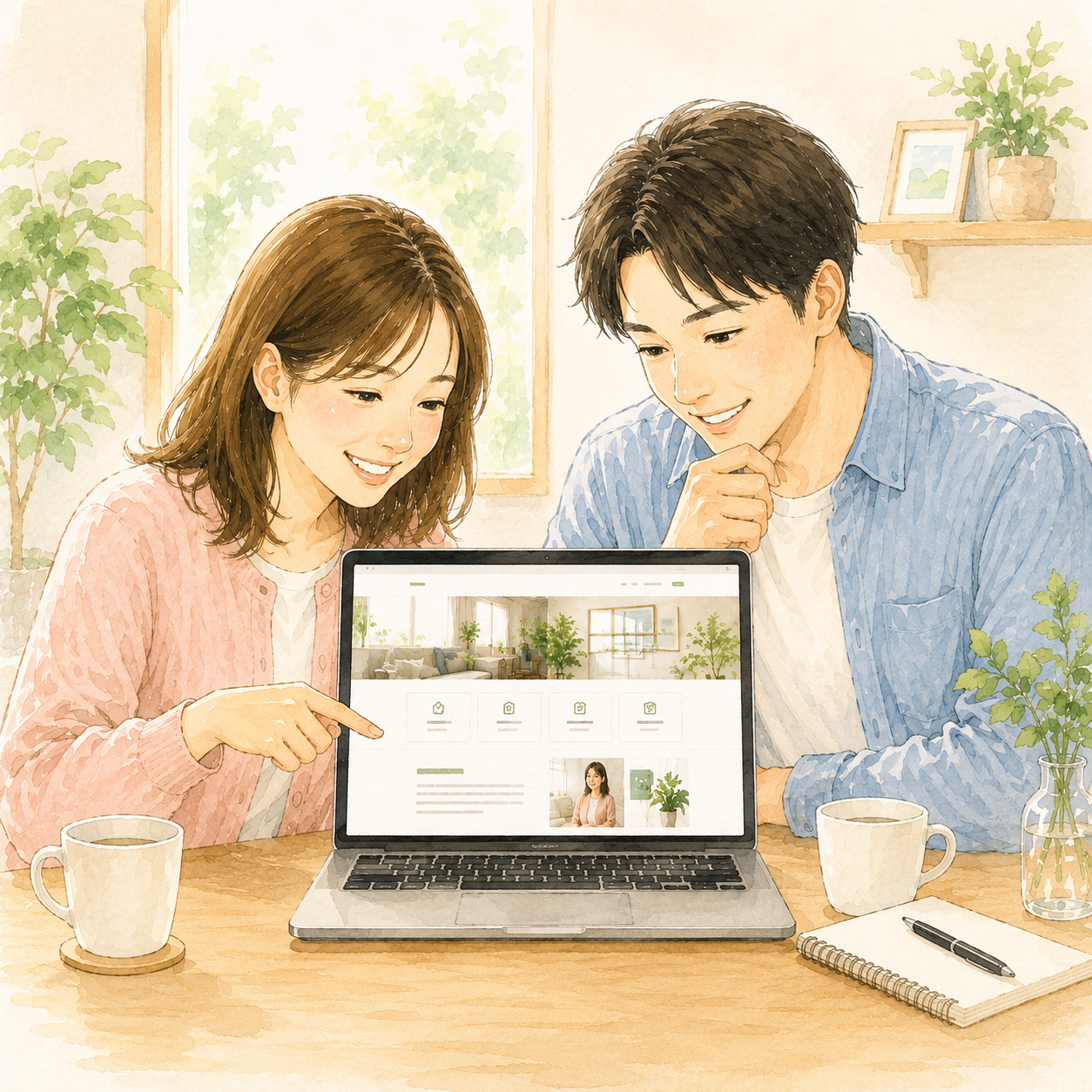 イラスト：男女がホームページを見ている画像