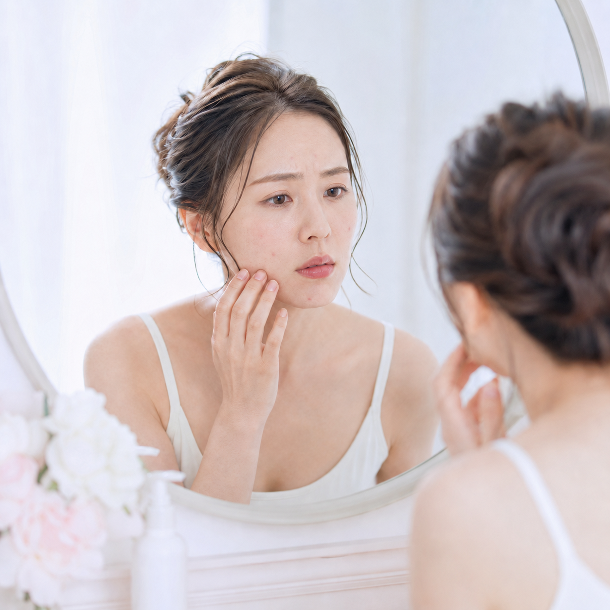 鏡を見て悩んでいる女性